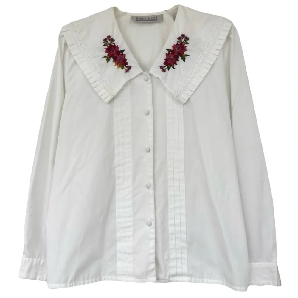 Vintage Victorian Blouse Embroidered Collar Button Front White Rose Red Size 8